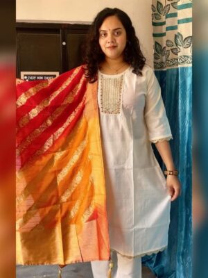 Khadi Cotton Kurti Set with Banarsi Shawl