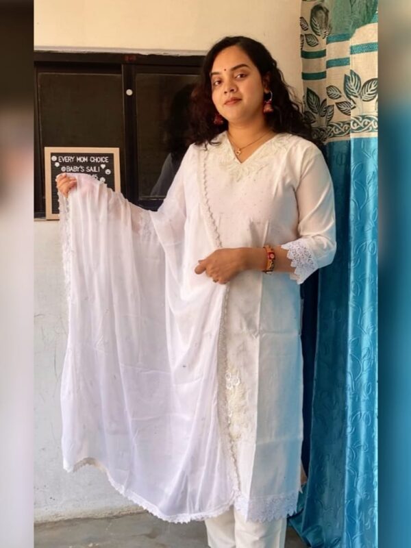 Elegant White Silk Kurti Set with Moti & Stone Detailing